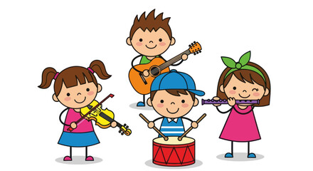 Cartoon Children Playing Musical Instruments Together in Harmony and Friendship.