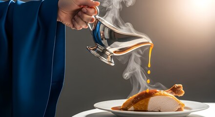 Delicious roasted turkey leg being drizzled with steaming gravy from a silver gravy boat for a holiday feast, promising comfort and family togetherness