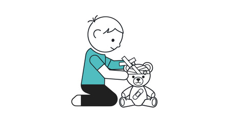 Cartoon Boy Bandaging Teddy Bears Head Playing Doctor with First Aid.