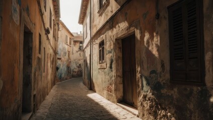 Fototapeta premium Sun-drenched alleyway lined with aged, stucco buildings, adorned with murals