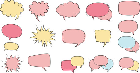 Colorful speech and thought bubbles, comic dialog shapes, expressive pastel icons, cartoon communication set, flat vector illustration