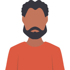 Simple vector illustration of a man with brown skin dark curly hair and a black beard wearing an orange crew neck t-shirt isolated on a white background