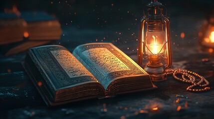 An open holy book with arabic script rests beside a glowing lantern and prayer beads, evoking a sense of spirituality and tradition