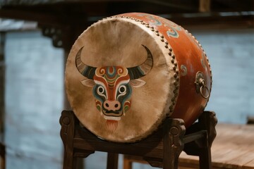 Traditional drum with painted bull face design displayed on wooden stand