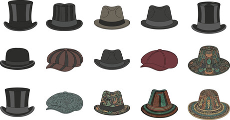 Flat vector illustration of fifteen stylish hats, top hats, fedoras, bucket hats, newsboy caps, fashion accessories, colorful headwear, trendy designs