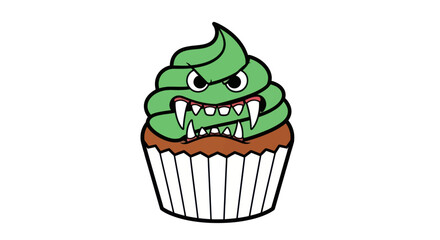 A cartoon monster cupcake with swirled green frosting angry eyes and sharp white fangs.
