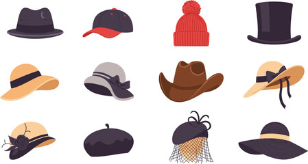 Vintage hat collection vector illustration of various stylish hats and accessories