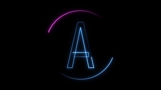 Smooth animation of neon blue letter A inside glowing circular frame, ideal for digital text, alphabet, and UI visuals. Neon Blue Letter A Inside Circular Neon Light Frame On animation Black alphabet.