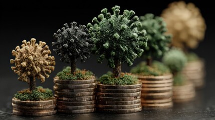 Conceptual image of virus-shaped trees growing from stacks of coins representing economic impact
