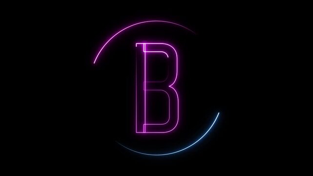 Neon Purple Letter B Inside Circular Neon Light Frame On animation Black alphabet. Smooth animation of neon purple letter B inside glowing circular frame, ideal for digital text, alphabet, and UI