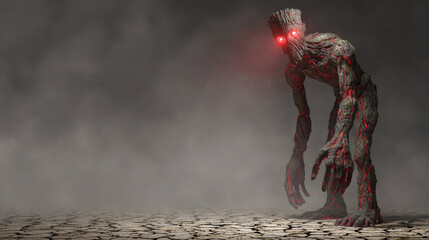 Eerie monster cracked desert red eye glow smoke dark fantasy night scene horror menacing stone texture lava vein