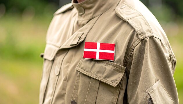 Close-up of a person wearing a beige jacket with a rectangular patch of a flag on the chest, a buttoned pocket below