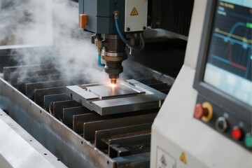 Industrial laser cutting machine in operation, precision metal fabrication with visible sparks and coolant mist