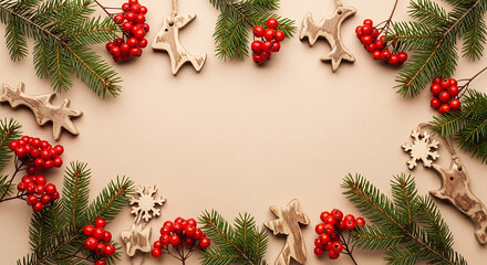 Festive Christmas Border Evergreen Branches, Berries, and Wooden Ornaments for Holiday Season