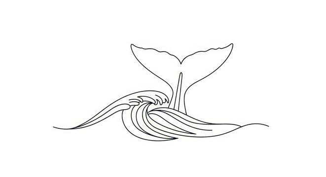 Minimalist continuous line drawing depicts whale fluke descending into stylized ocean waves
