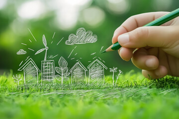 Eco friendly green energy renewable sustainability child drawing hand pencil grass nature house wind turbine solar cloud plant