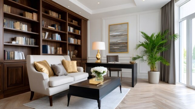 Elegant home office interior with vast library