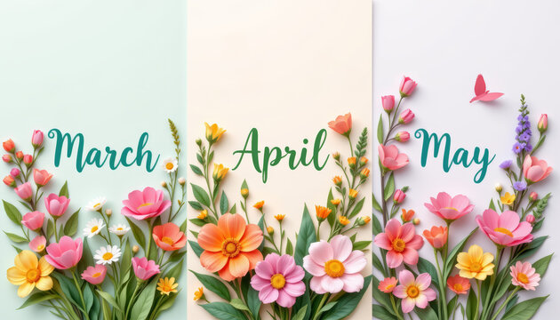 Spring floral typography, pastel flower border, March April May, seasonal greeting, blooming garden, paper craft style
