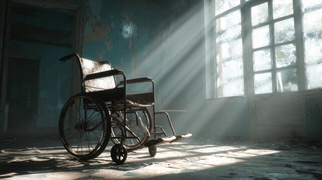 Empty wheelchair in abandoned room with sunlight streaming through broken windows