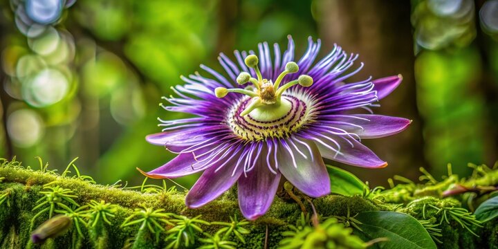 A Vibrant Purple Passion Flower Blooms Amidst Lush Green Moss and Foliage, a Stunning Display of Nature's Beauty