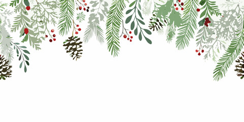 Festive winter foliage border with berries and cones on white