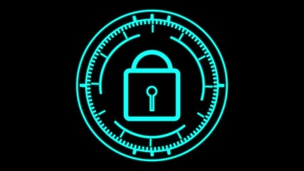 Cyan Neon Circular HUD Element with Lock Icon security padlock animation. Cyan neon HUD with lock symbol animation, great for security, cybersecurity, and futuristic tech interface visuals. - Powered by Adobe
