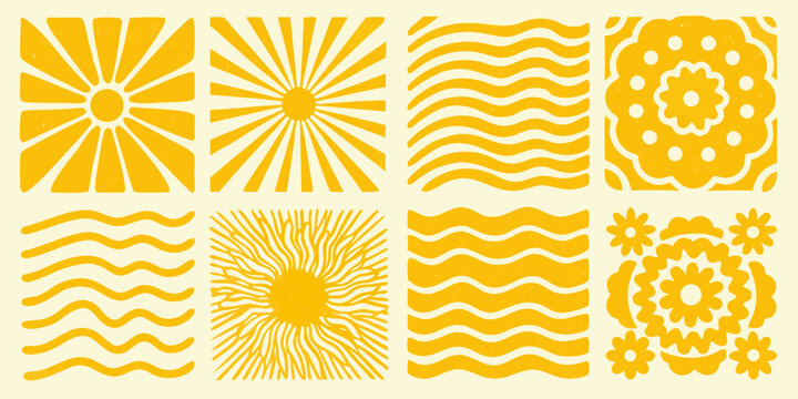 Retro yellow pattern collection with sunbursts waves and floral designs