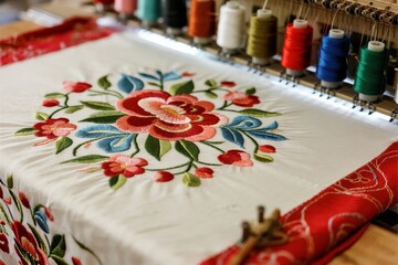 Close-up of floral embroidery on white fabric with colorful thread spools in the background