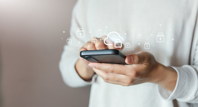 businessman press on cloud computing program to synchronized or upload and download data from server with virtual network icon for futuristic technology and lifestyle concept - Powered by Adobe