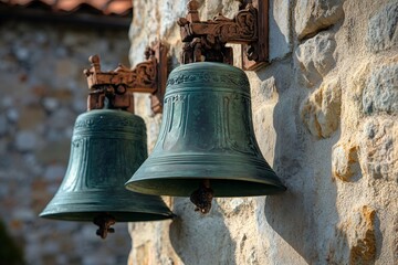 Obraz premium Old bronze church bells hanging on a stone wall