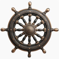 Detailed ornate ship wheel with bronze accents, nautical theme, vintage style, on white backdrop