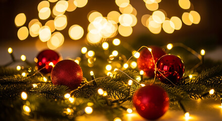 Glistening festive red ornaments nestled among green garland, illuminated by sparkling warm string lights, creating a magical and cozy holiday ambiance