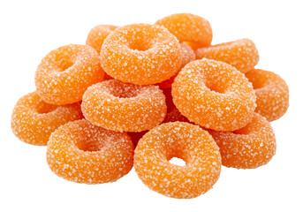 Sweet orange gummy rings sparkling with sugar crystals
