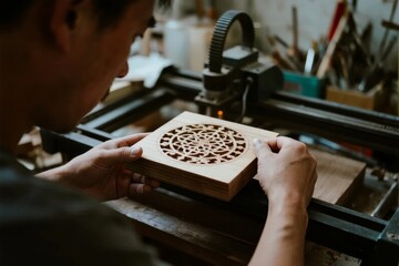 Person examining a laser-cut wooden piece in a workshop