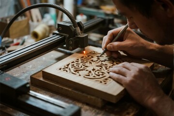 Artisan using a laser engraving tool to carve intricate patterns into a wooden panel in a workshop setting