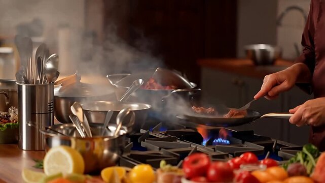 Culinary chef searing meat in pan, flames erupting, fresh produce foreground