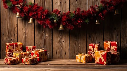 Warm and inviting rustic Christmas display with beautifully wrapped gifts and a festive garland with jingle bells