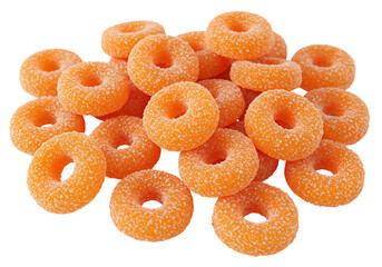 Sweet orange candy rings piled high, sugar coated delight
