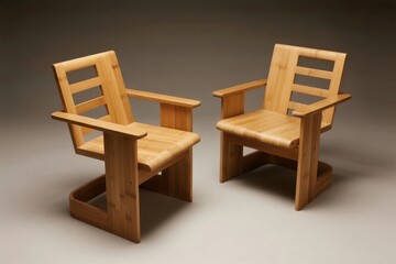 Two wooden armchairs with slatted backs and modern design on a neutral background