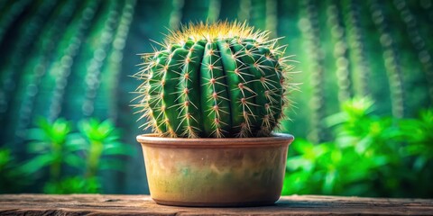 A vibrant green cactus in a rustic terracotta pot, sits serenely on weathered wood, a tranquil scene of desert flora against a backdrop of lush foliage.