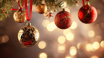A beautifully composed close-up of festive Christmas ornaments hanging from ribbons, illuminated by warm bokeh lights. The decorations feature glossy red and gold surfaces, creating a magical and cele