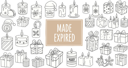 Hand drawn candles, wrapped gift boxes, festive decoration icons, humorous expired label, holiday sketch style, flat vector illustration
