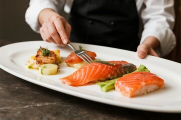 Chef presenting a plated dish with salmon, scallops, and garnishes