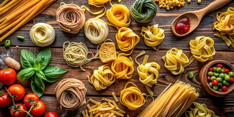 Assortment of dried pasta shapes and fresh ingredients on rustic wooden surface