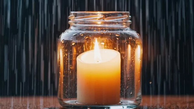 Cinematic rain scene, candle protected by glass jar.
