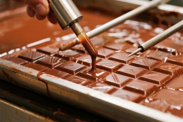 Pouring melted chocolate into a mold to create chocolate bars