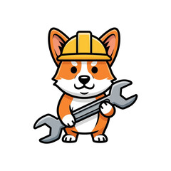 Cute Corgi Dog Wearing Hard Hat Holding Wrench Cartoon.