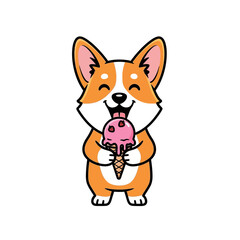 Happy corgi dog enjoying a delicious strawberry ice cream cone.
