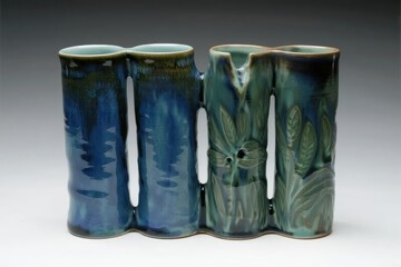 Handcrafted ceramic double vase with blue glaze and leaf pattern