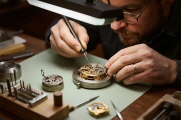 A craftsman meticulously repairs a mechanical watch using precision tools under a magnifying lamp.